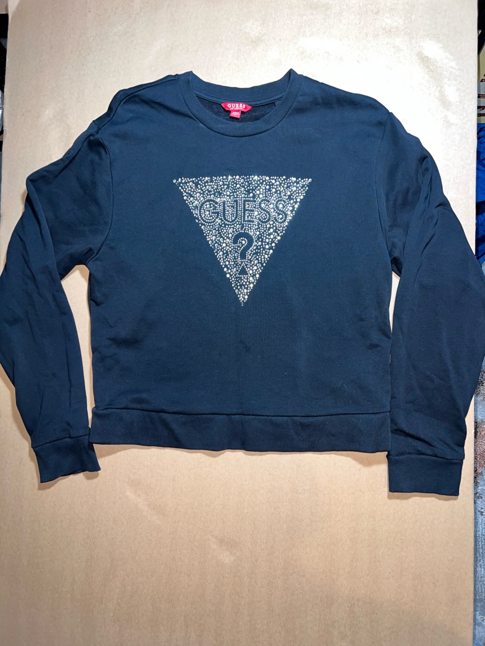 Guess Navy Crewneck Sweatshirt with Rhinestone Triangle